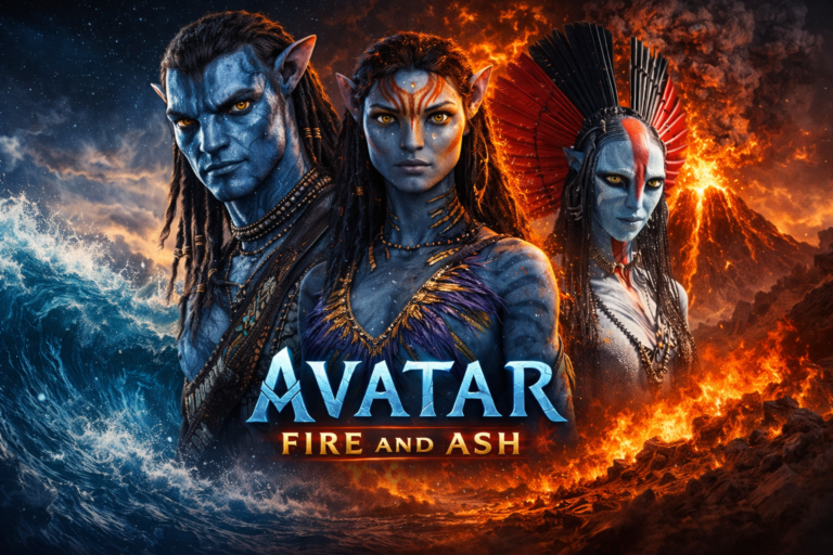 A generated poster for "Avatar: Fire and Ash" showcasing vibrant blue Na'vi characters amidst fiery and watery elements