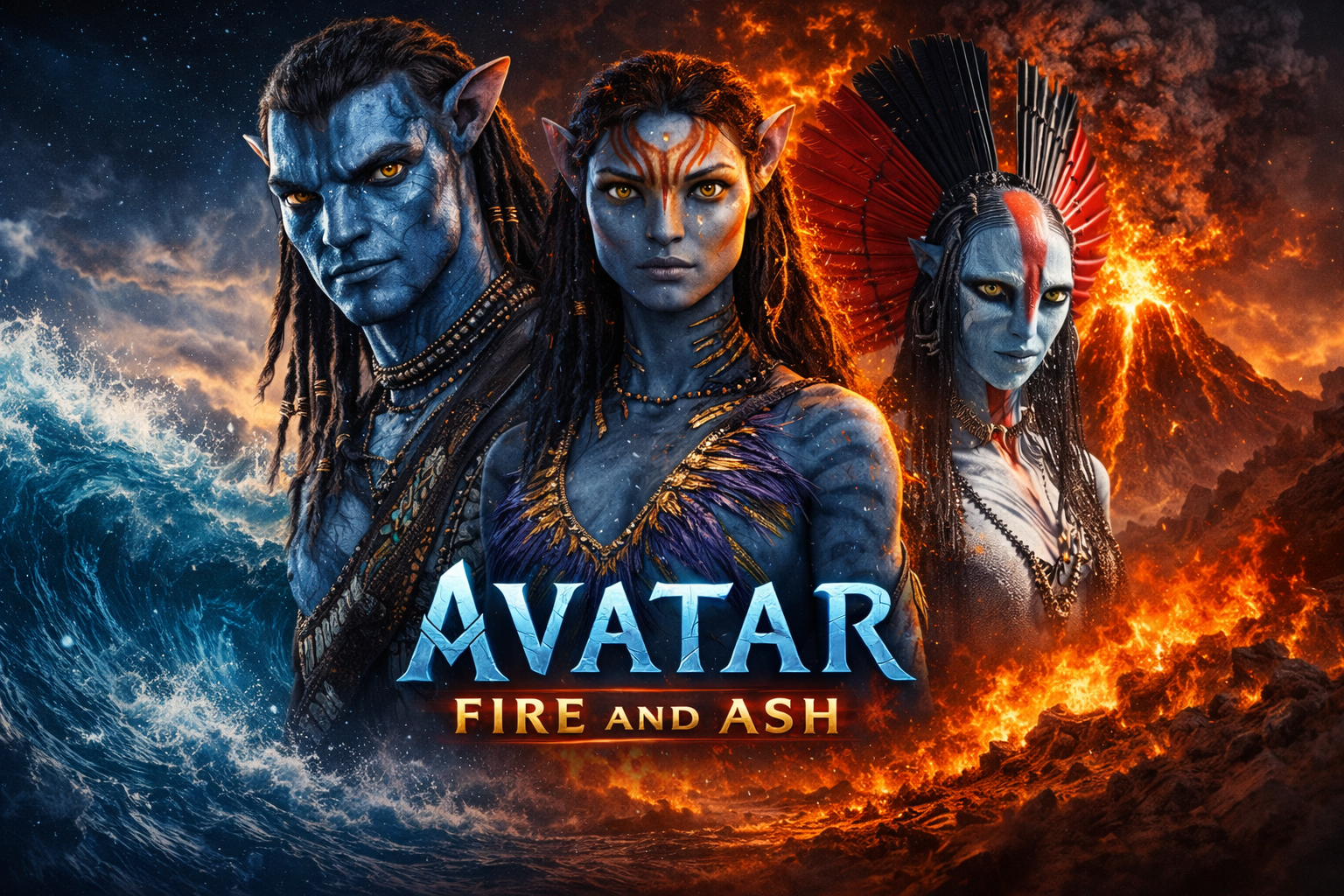 A generated poster for "Avatar: Fire and Ash" showcasing vibrant blue Na'vi characters amidst fiery and watery elements