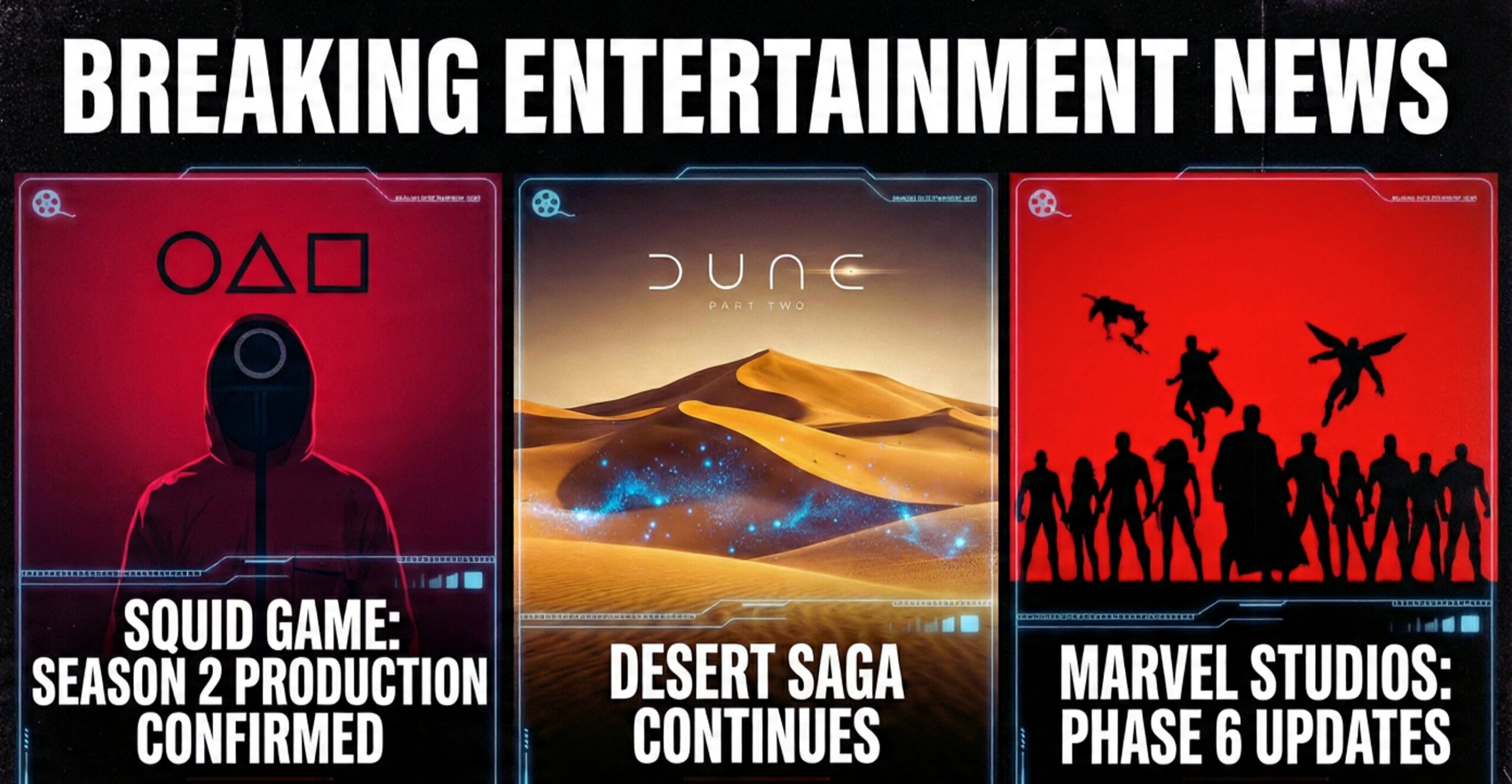 An infographic collage showcasing various breaking entertainment stories and film logos, representing the latest movie TV news.