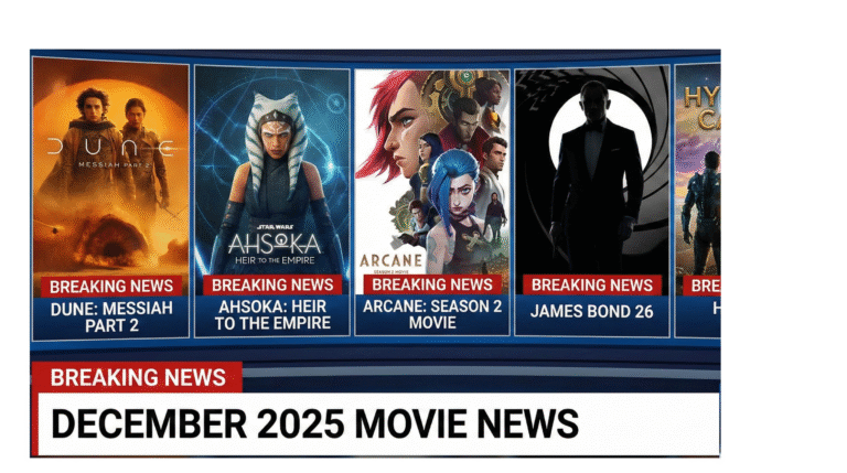 A collage of movie posters representing key December 2025 movie news: Dune, Ahsoka, Arcane, James Bond, and Hyperion, all highlighted with breaking news