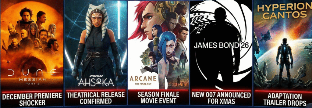 A collage of movie posters representing key December 2025 movie news: Dune, Ahsoka, Arcane, James Bond, and Hyperion, all highlighted with breaking news