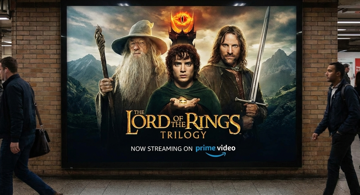 Iconic poster art for The Lord of the Rings trilogy now available on Prime Video, featuring Frodo, Gandalf, Aragorn, and the Eye of Sauron