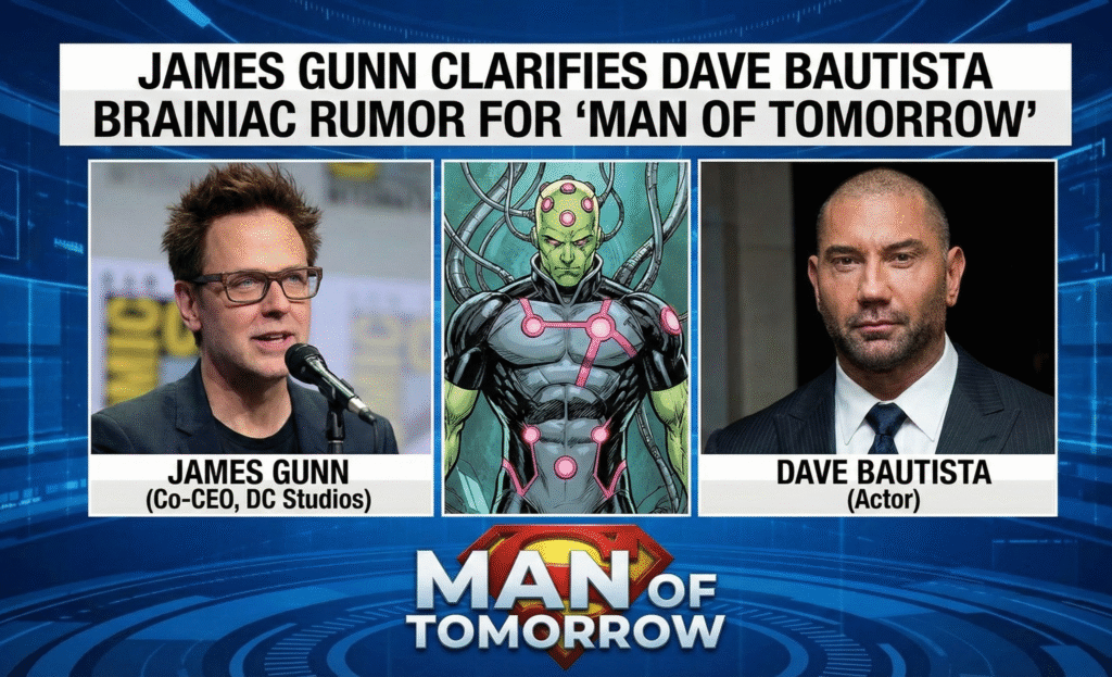 James Gunn clarifies Dave Bautista Brainiac rumor regarding "Man of Tomorrow" casting, with a clear image representing the news.