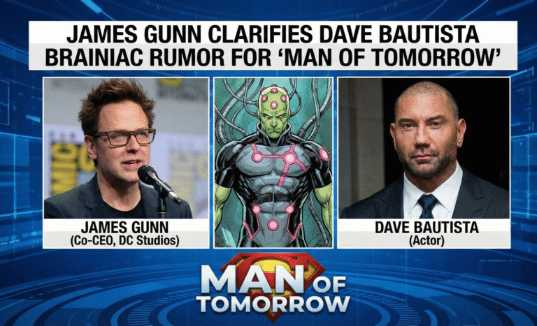 James Gunn clarifies Dave Bautista Brainiac rumor regarding "Man of Tomorrow" casting, with a clear image representing the news.