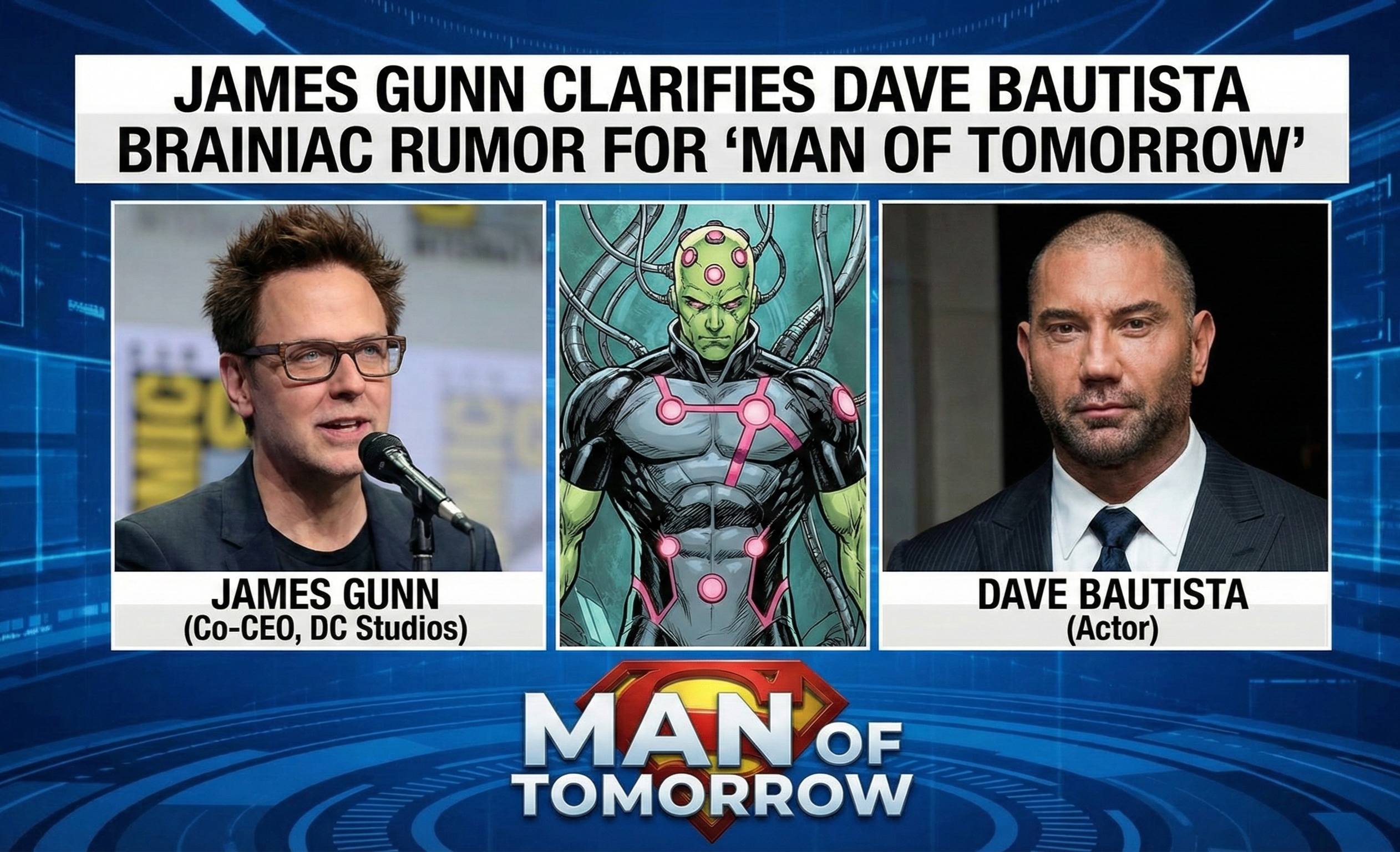 James Gunn clarifies Dave Bautista Brainiac rumor regarding "Man of Tomorrow" casting, with a clear image representing the news.