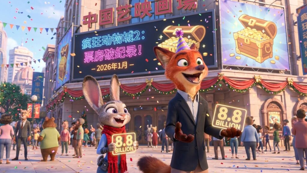 Zootopia 2 animated characters Judy Hopps and Nick Wilde celebrating record-breaking box office success in China January 2026
