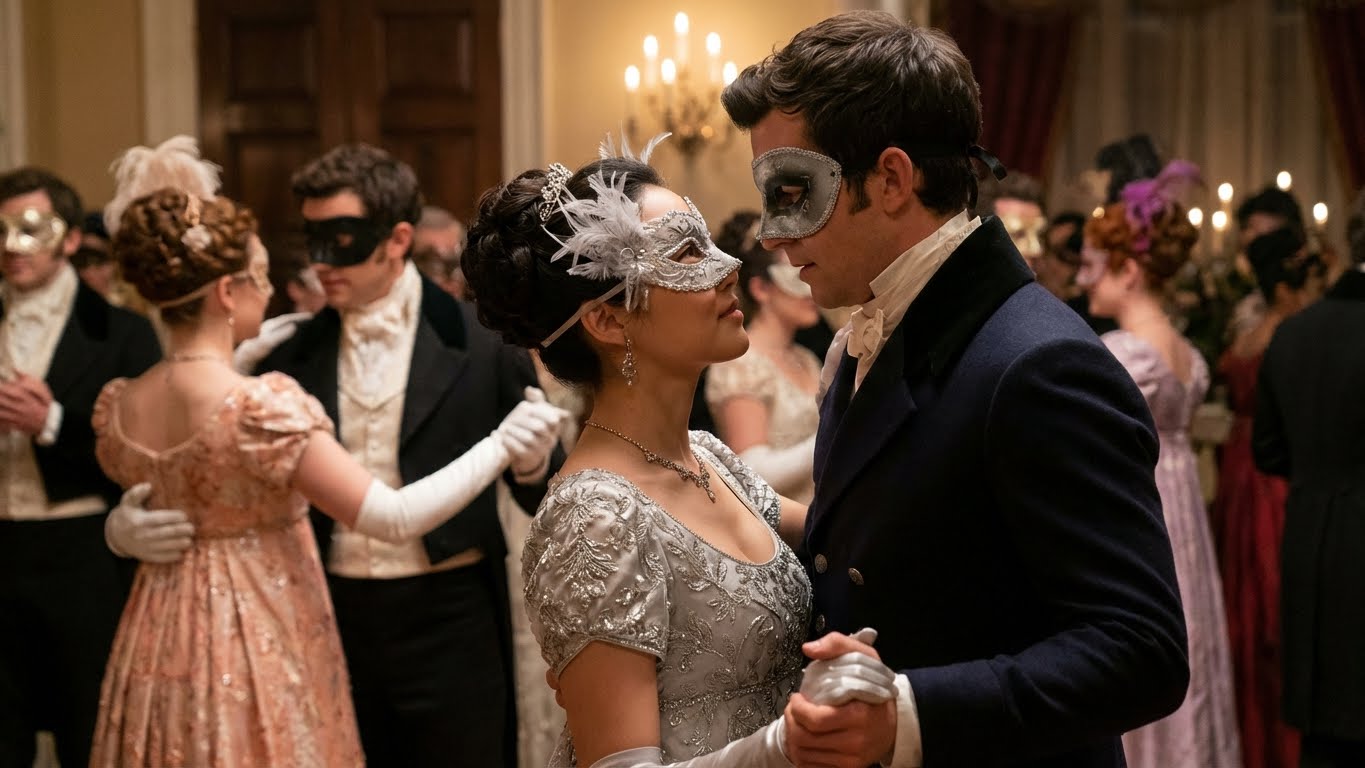 AI-generated Benedict Bridgerton and Sophie Baek in a silver masquerade ball gown in the Bridgerton Season 4 Trailer