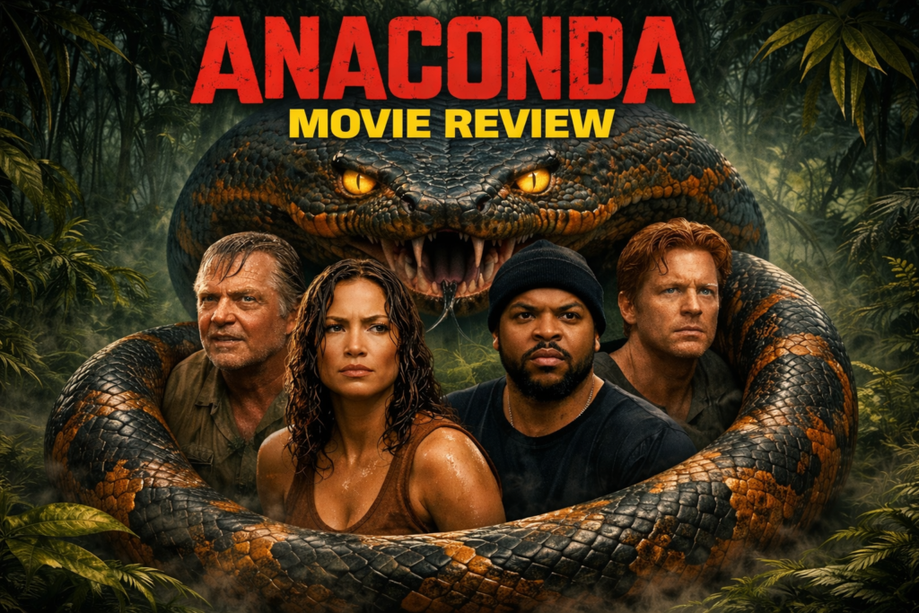 AI-generated poster for the Anaconda movie review, featuring a giant anaconda snake encircling the main cast, including Jennifer Lopez and Ice Cube, in a dense jungle setting.