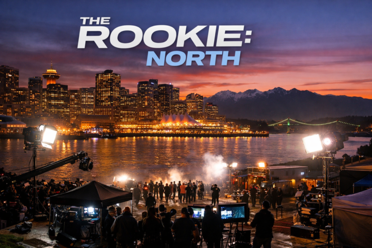 An image of a vibrant Metro Vancouver cityscape at dusk, with "The Rookie: North" filming crew lights visible, capturing the excitement of the new production.