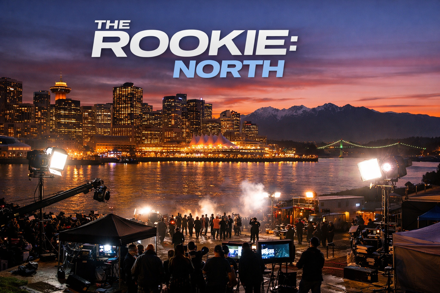 An image of a vibrant Metro Vancouver cityscape at dusk, with "The Rookie: North" filming crew lights visible, capturing the excitement of the new production.