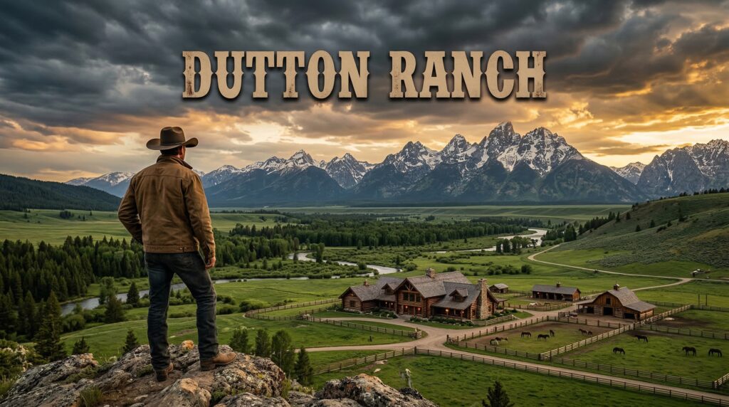 A dramatic landscape shot of a sprawling ranch, evoking the iconic Yellowstone universe, teasing The Dutton Ranch trailer.